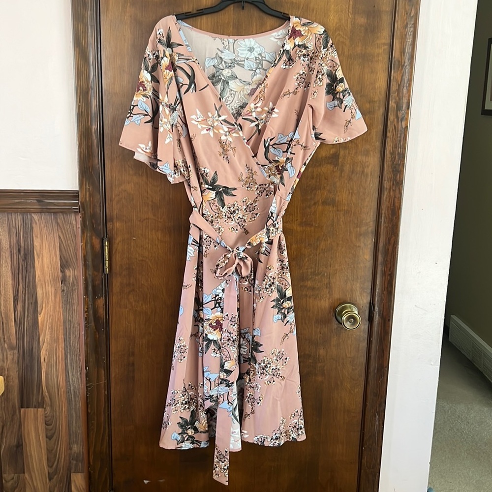 Floral print belted wrap dress
